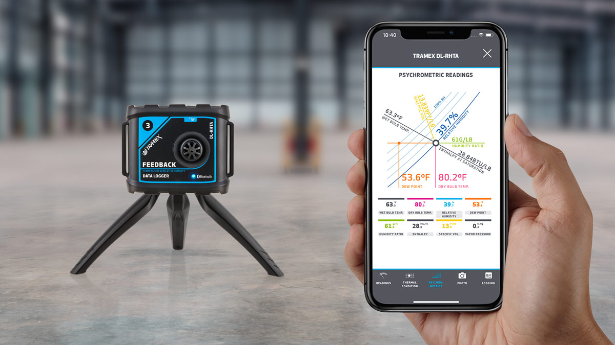 Datalogger DL-RHTA in warehouse with Tramex Meters App